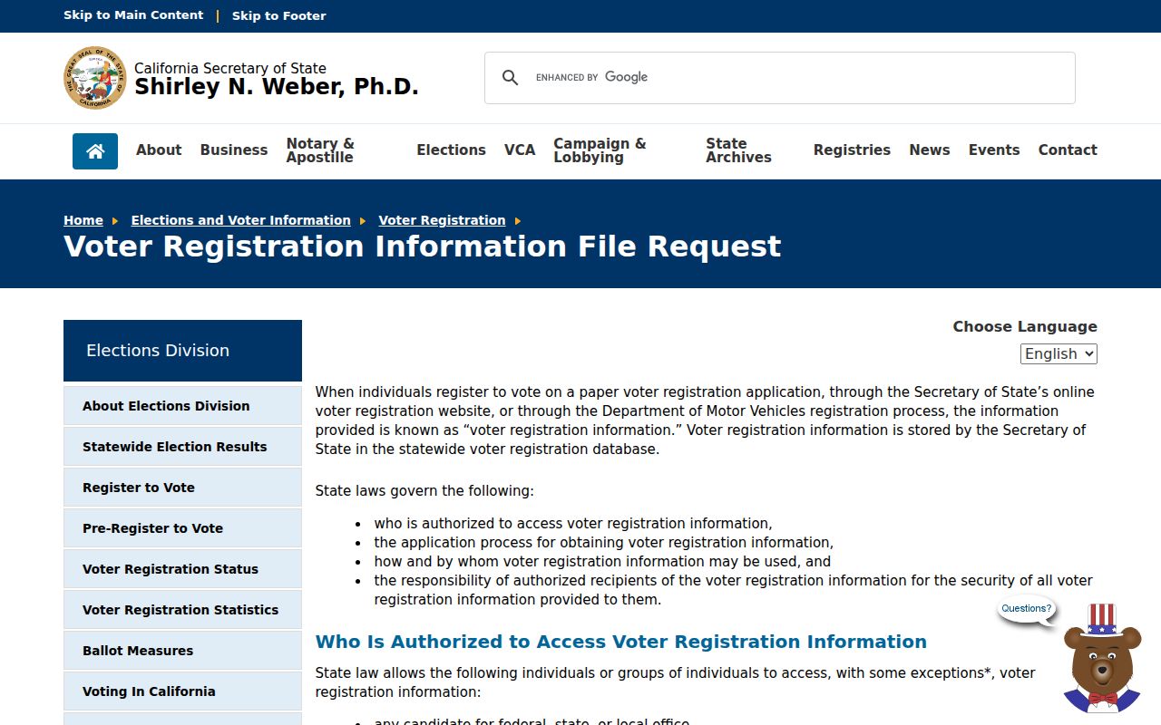 Glendora voter registration records California Secretary of State voter file request page