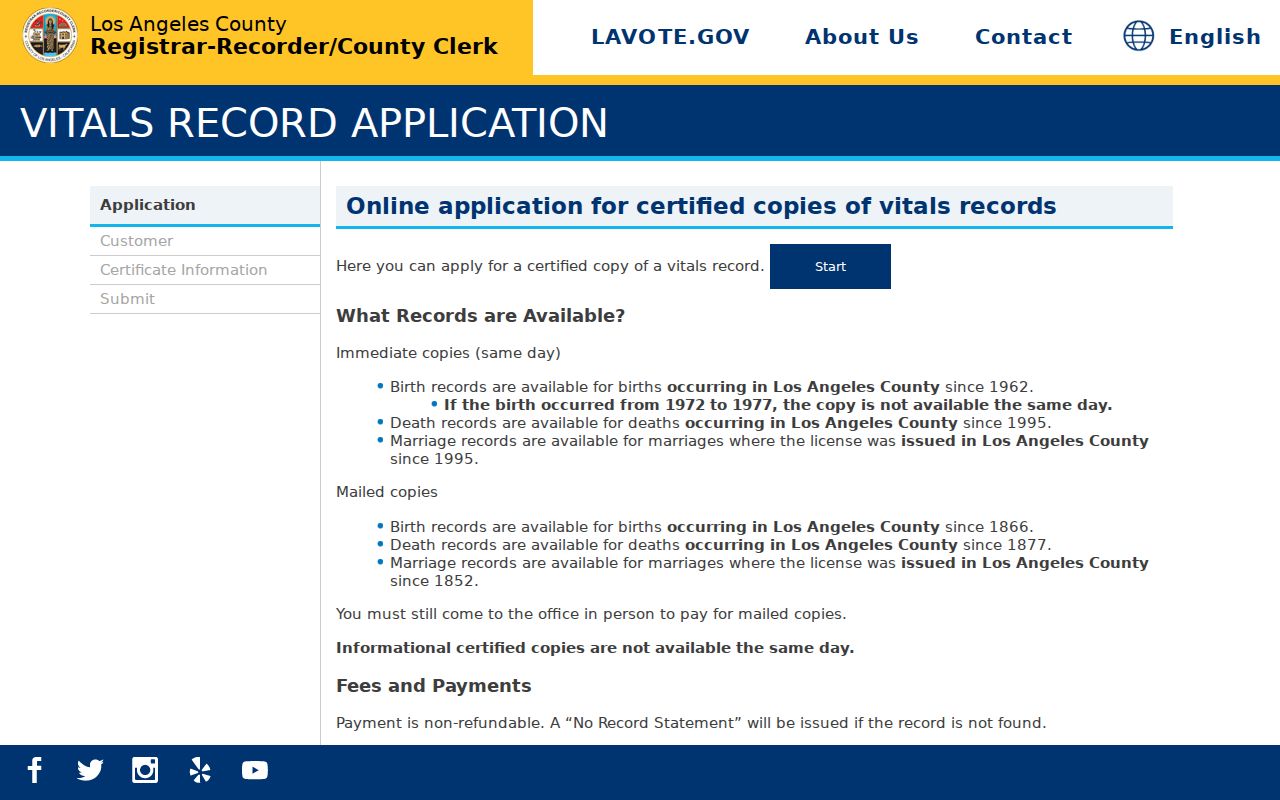 Glendora public records LA County vital records application page
