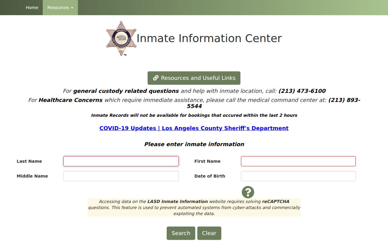 Glendora public records LASD inmate locator search screen